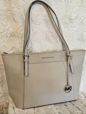 Michael Kors Neutral Taupe Saffiano Tote with MK Charm